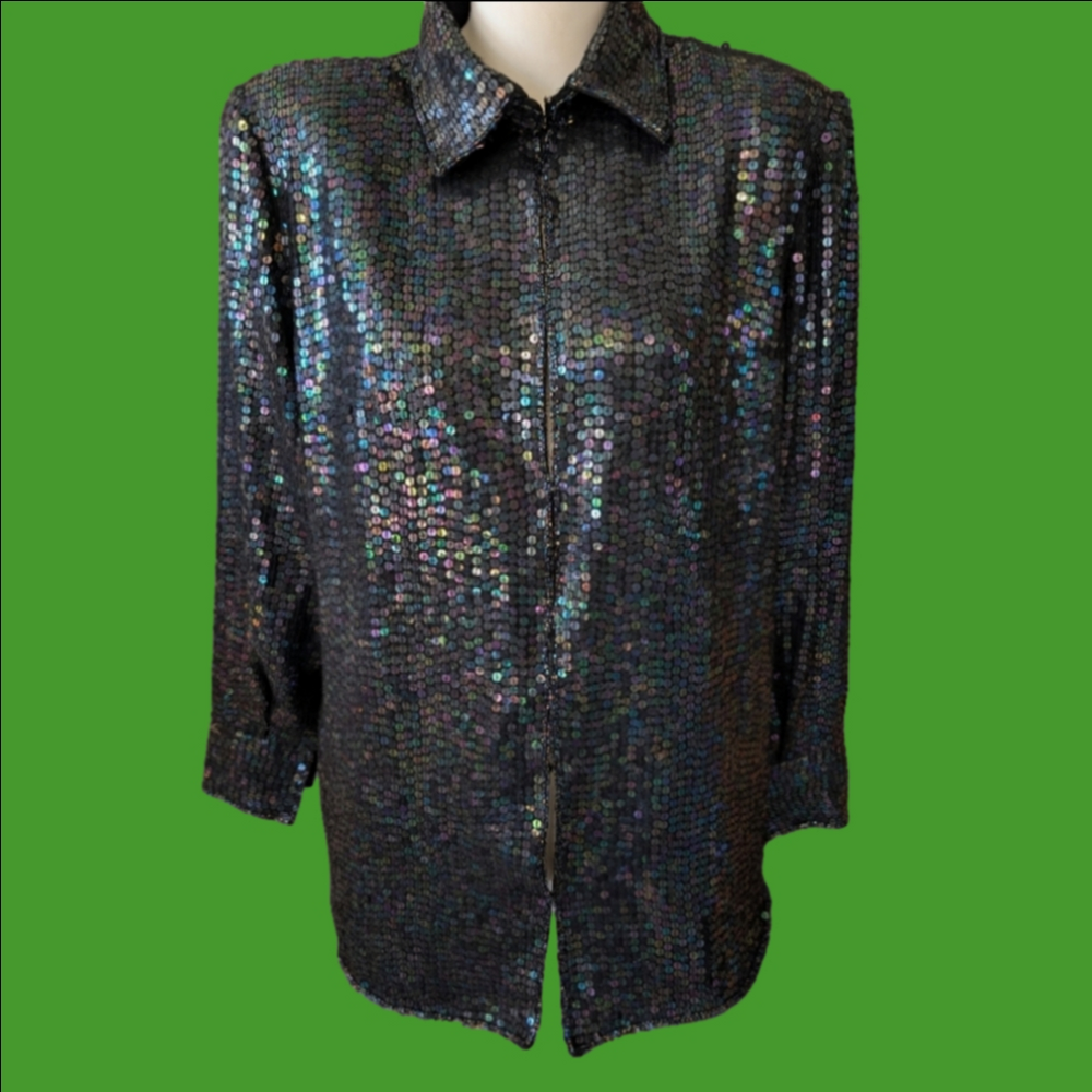 Vintage Button-Up Skacket Sequin Shoulder Pads 1980s Style Size L
